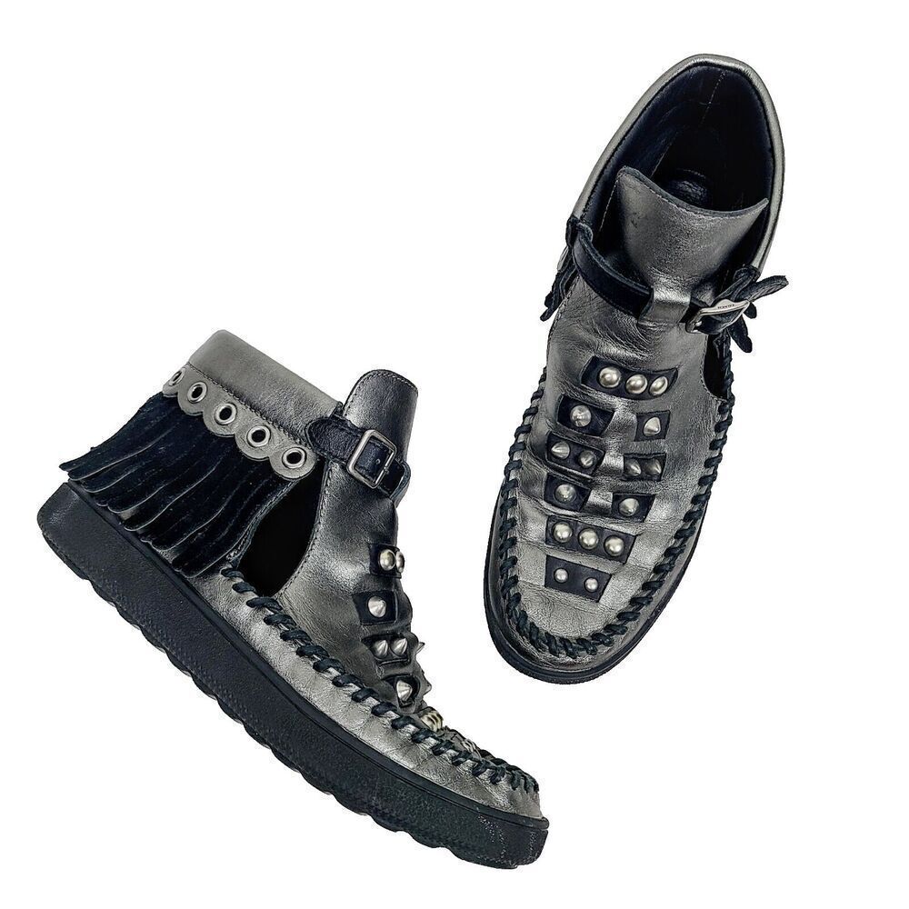 Coach Roccasin Cut Out Sneakers 5 Black Metallic Silver‎ Studded Fringe Booties